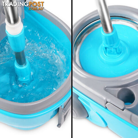 360 Degree Spinning Mop Microfibre Spin Dry Bucket with 2 Mop Heads - Blue