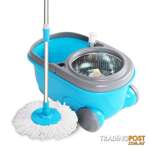 360 Degree Spinning Mop Microfibre Spin Dry Bucket with 2 Mop Heads - Blue