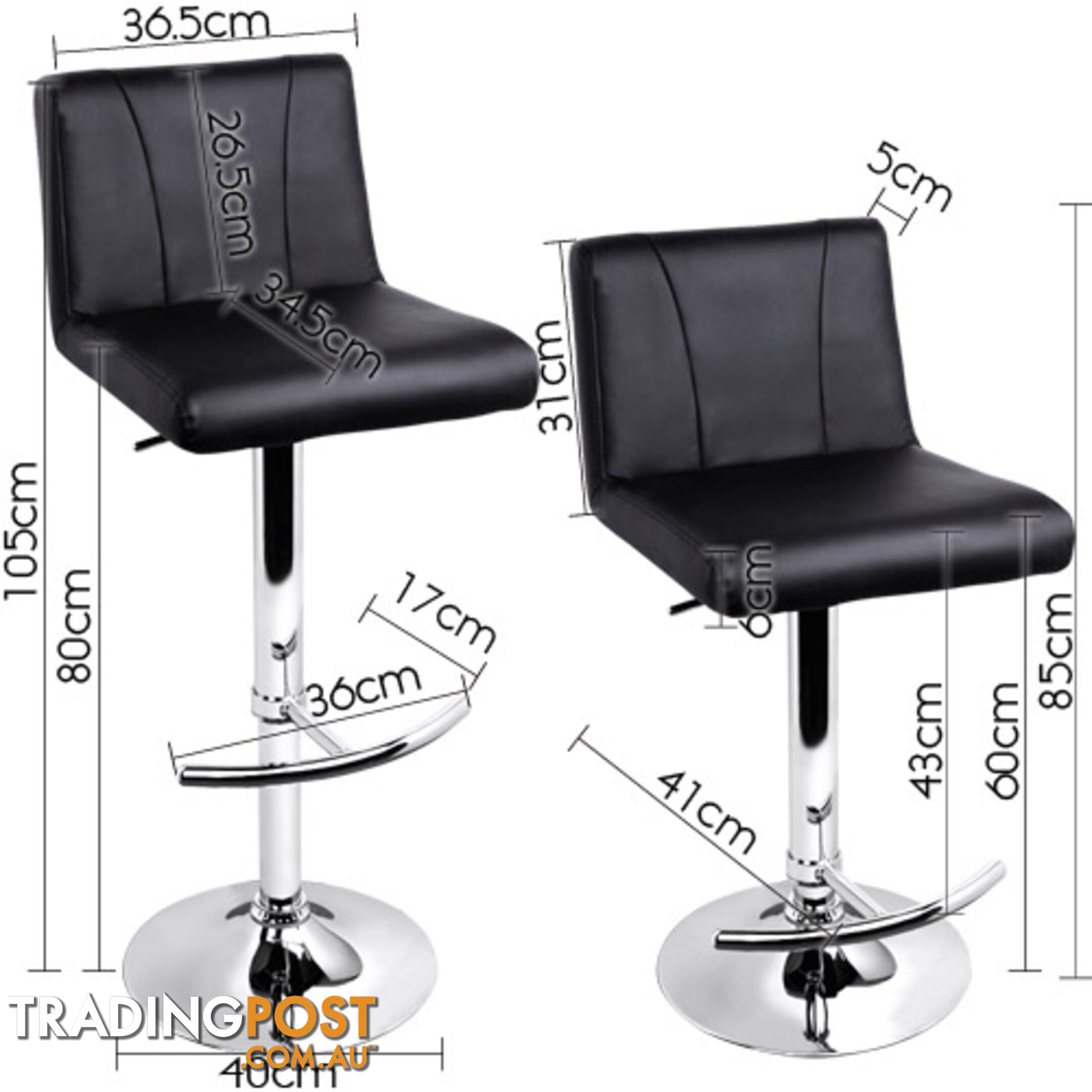 Set of 2 PU Leather Kitchen Bar Stool Black