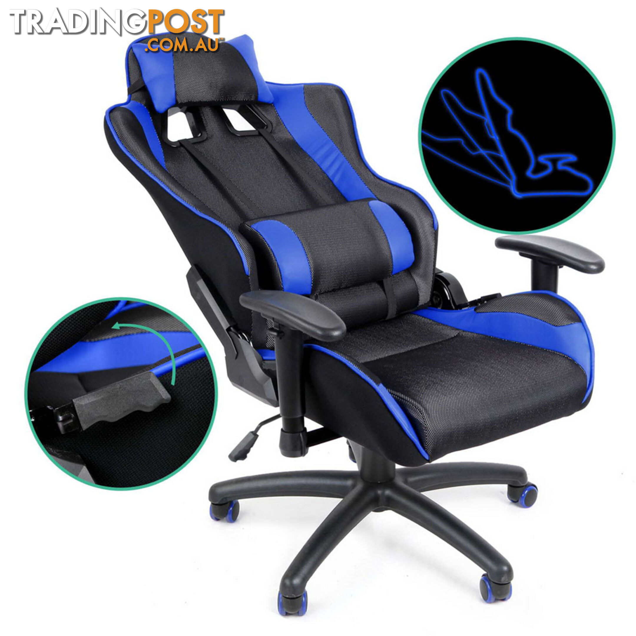 PU Leather & Mesh Reclining Office Desk Gaming Executive Chair - Blue