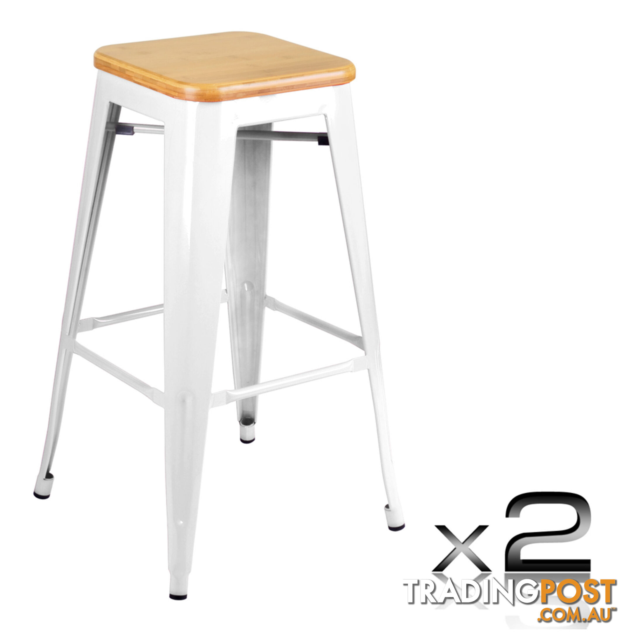 Set of 2 Tolix Replica Metal Steel Bamboo Seat Bar stool 76 cm White