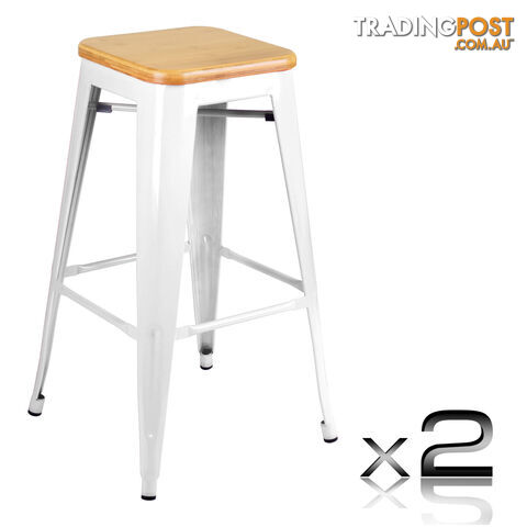 Set of 2 Tolix Replica Metal Steel Bamboo Seat Bar stool 76 cm White
