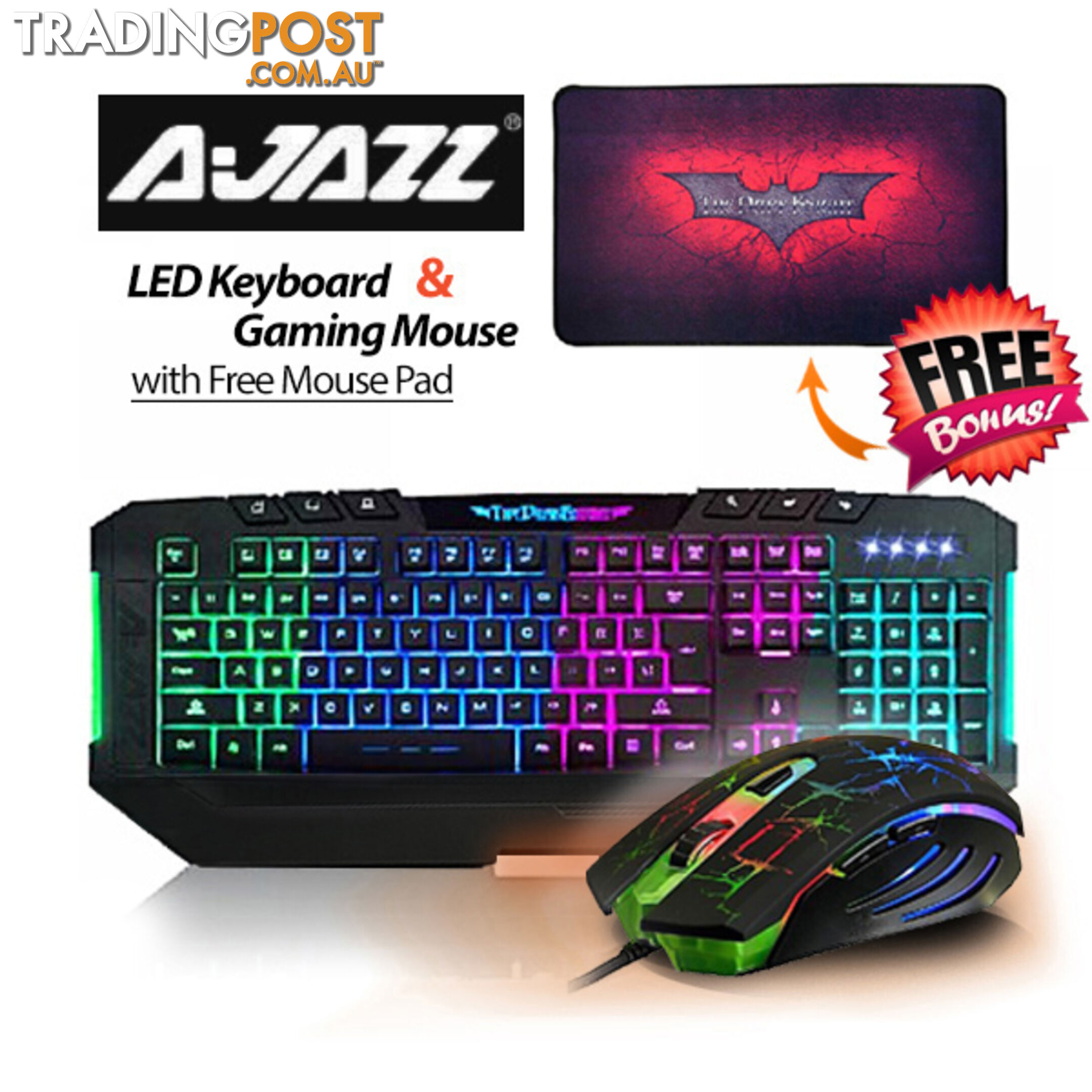 Ajazz Dark Knight 7 Backlight LED Keyboard and 7 LED Colors 2400DPI 6 Button USB Gaming Mouse with Free Gaming Mouse Pad Set
