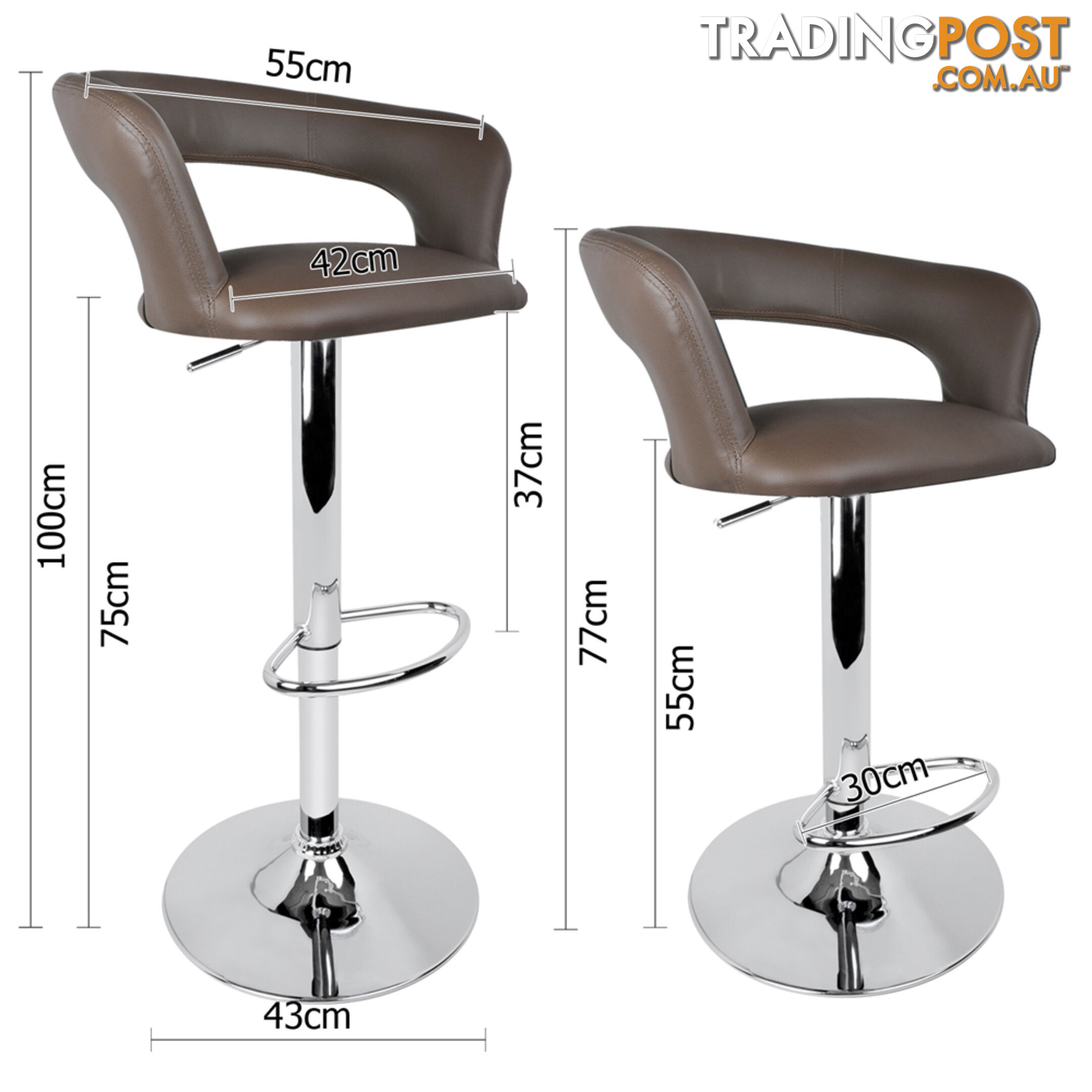 Set of 2 PU Leather Kitchen Bar Stool Charcoal