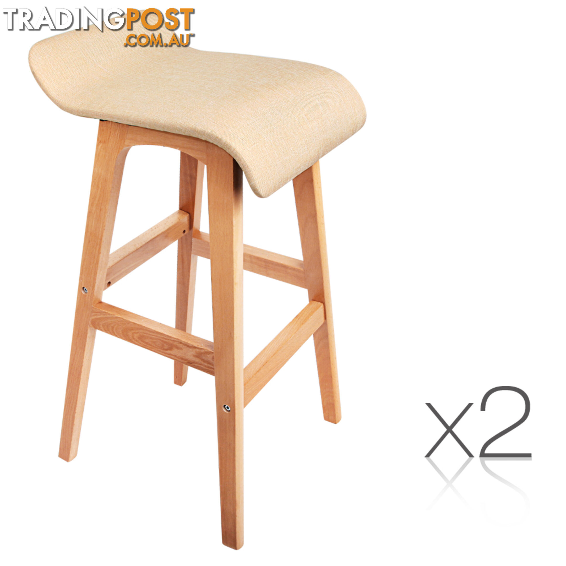 2 x Beech Wood Fabric Bar Stools - Beige