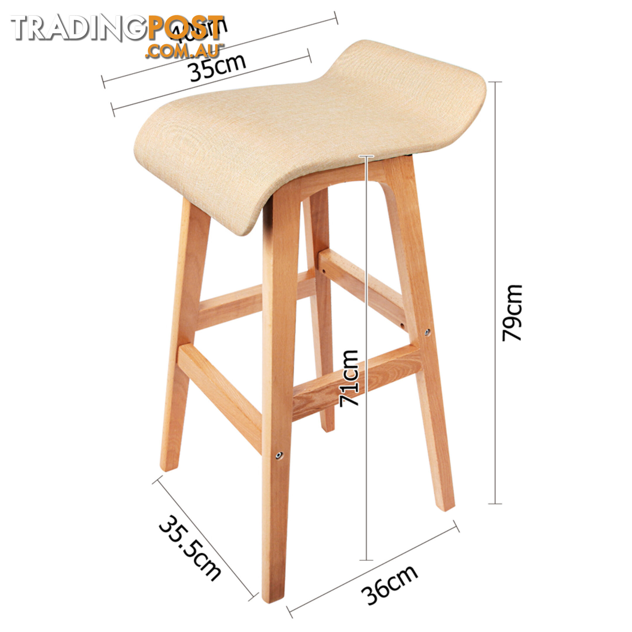 2 x Beech Wood Fabric Bar Stools - Beige