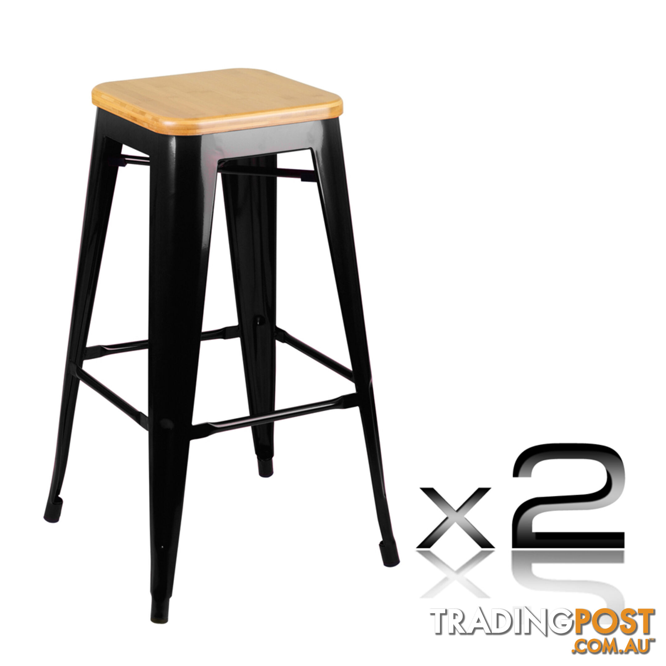 Set of 2 Replica Tolix Bar Stool Bamboo Seat 76cm Black