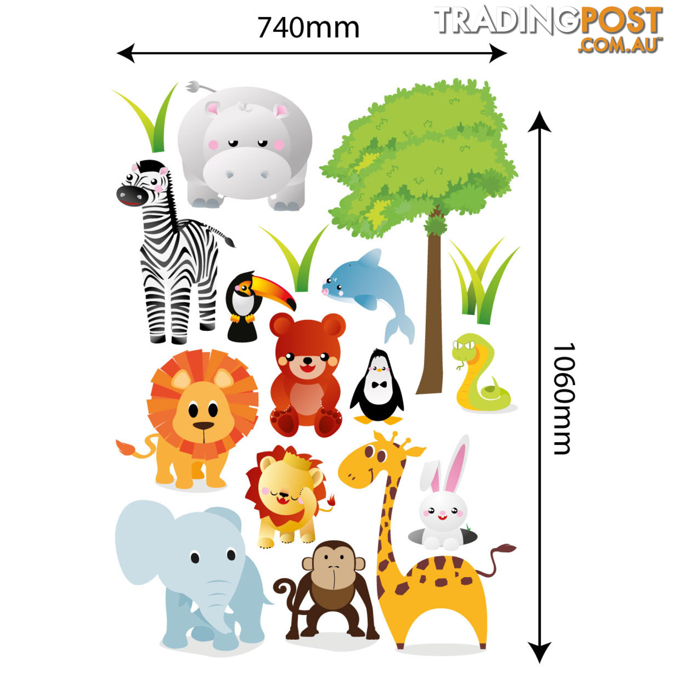 Extra Large Size Cute Zoo Animals Kids Wall Stickers - Totally Movable