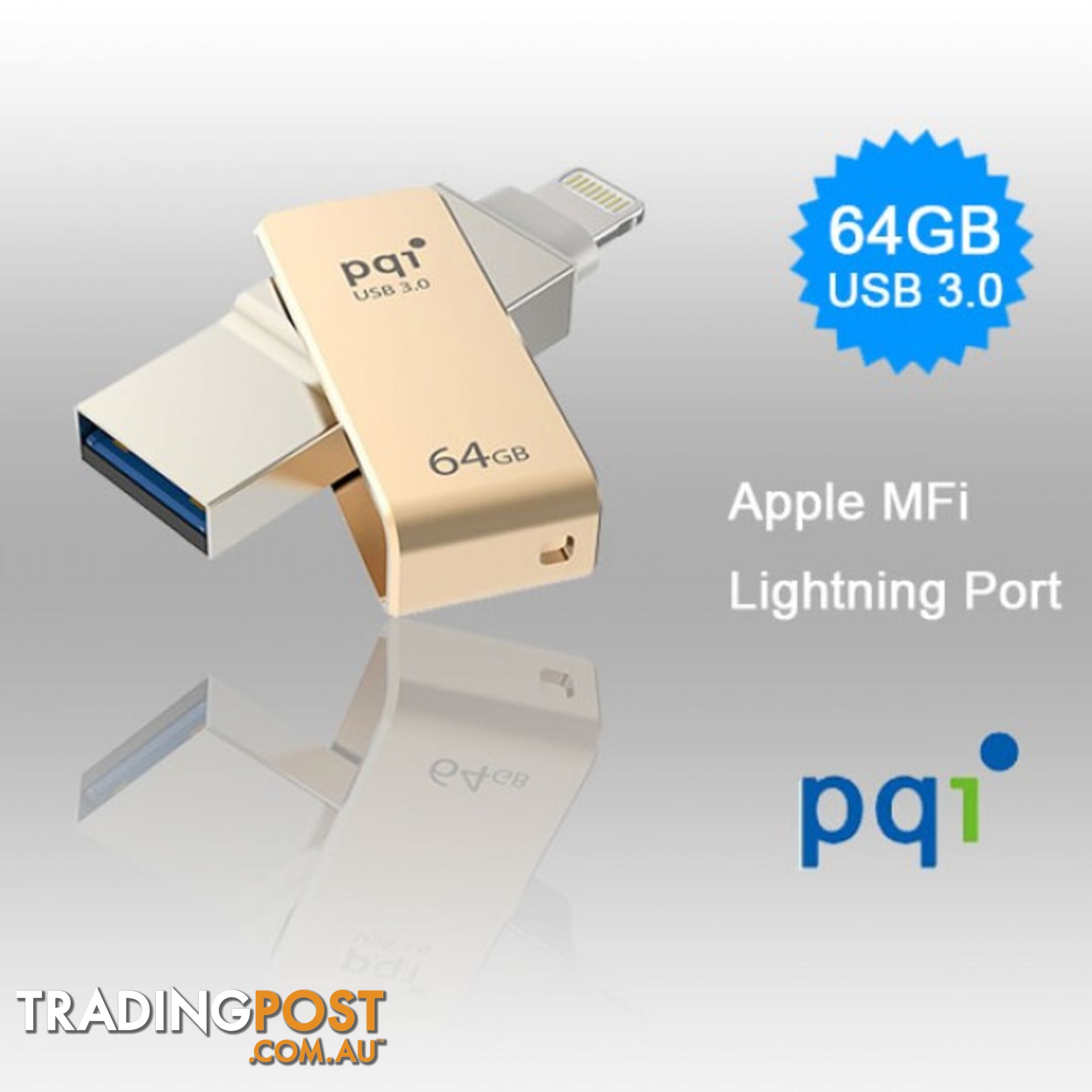 PQI iConnect Mini 6I04-064GR2001 Gold [Apple MFi] 64 GB Mobile Flash Drive w/ Lightning Connector for iPhones iPads Mac & PC USB 3.0 (6I04-064GR2001)