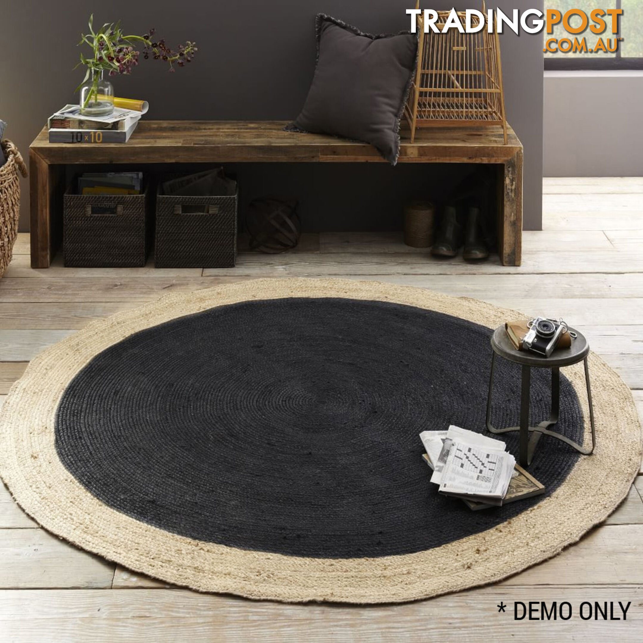 Jute Round Black Rug Black & Natural 200x200cm