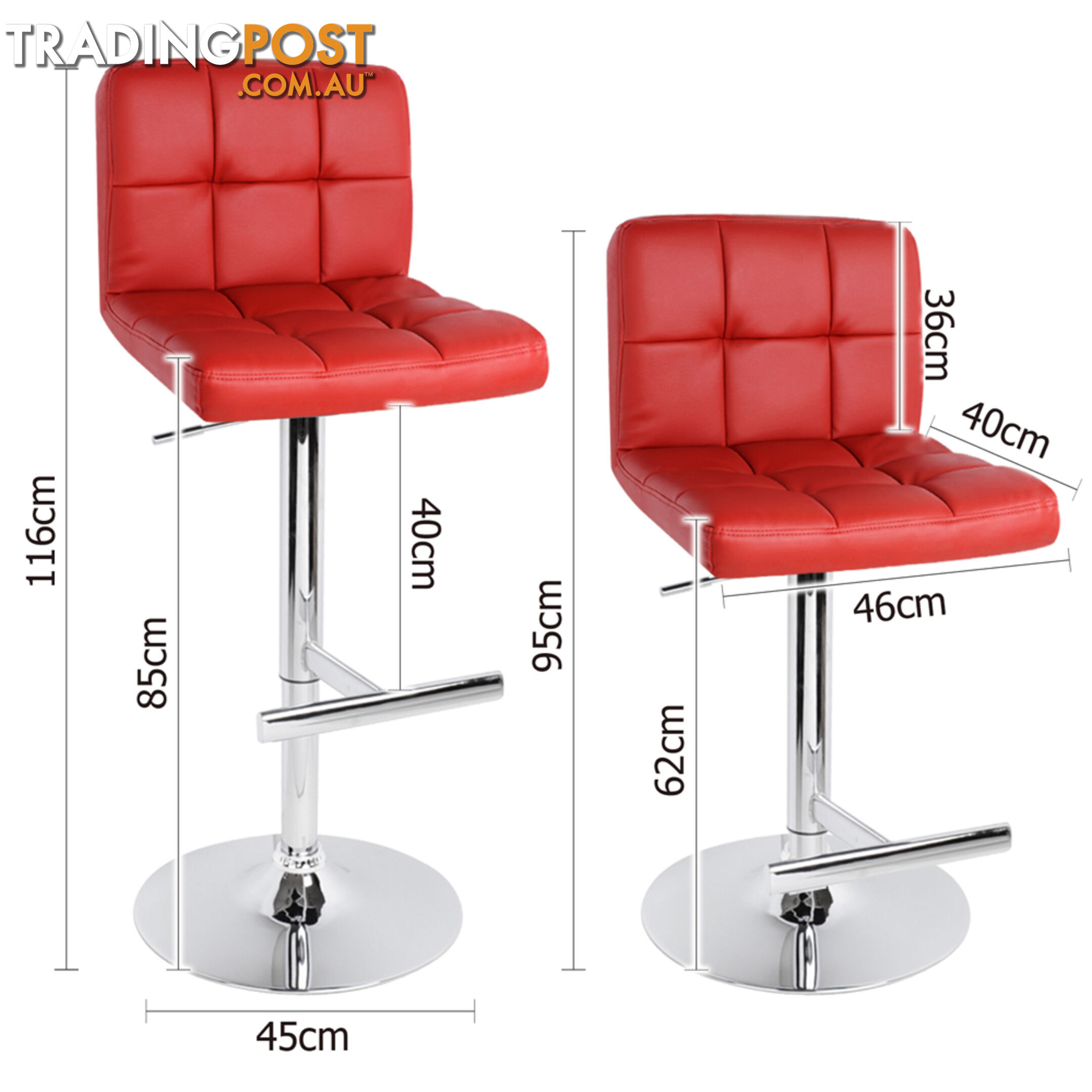 Set of 2 PU Leather Kitchen Bar Stool Red