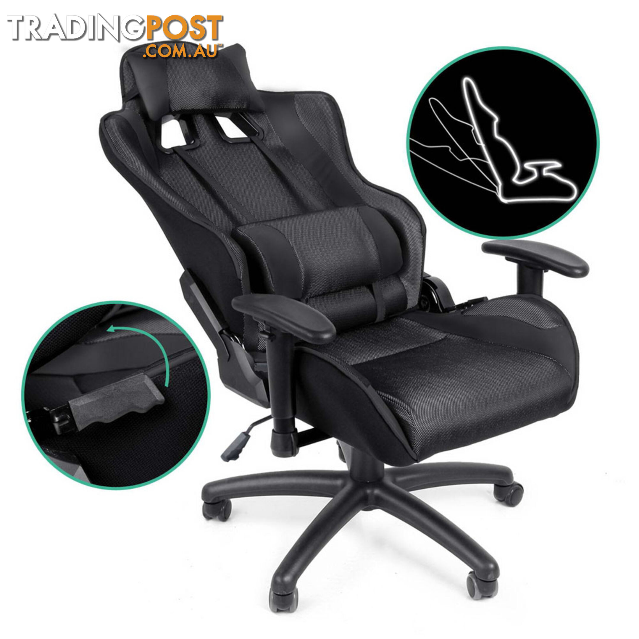 PU Leather & Mesh Reclining Office Desk Gaming Executive Chair - Black