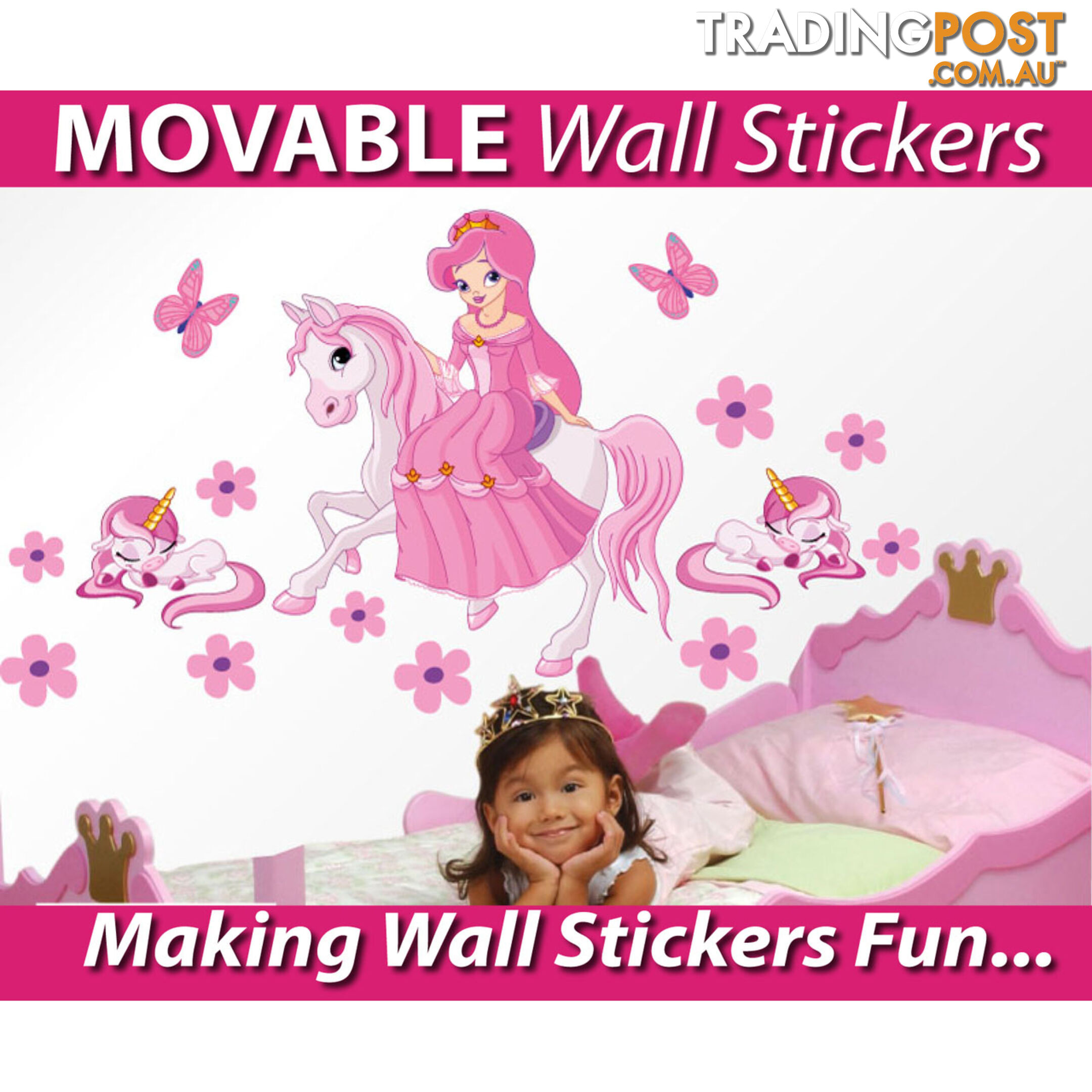 Medium Size Princess on a horse with unicorns Wall Sticker - Totally Movable