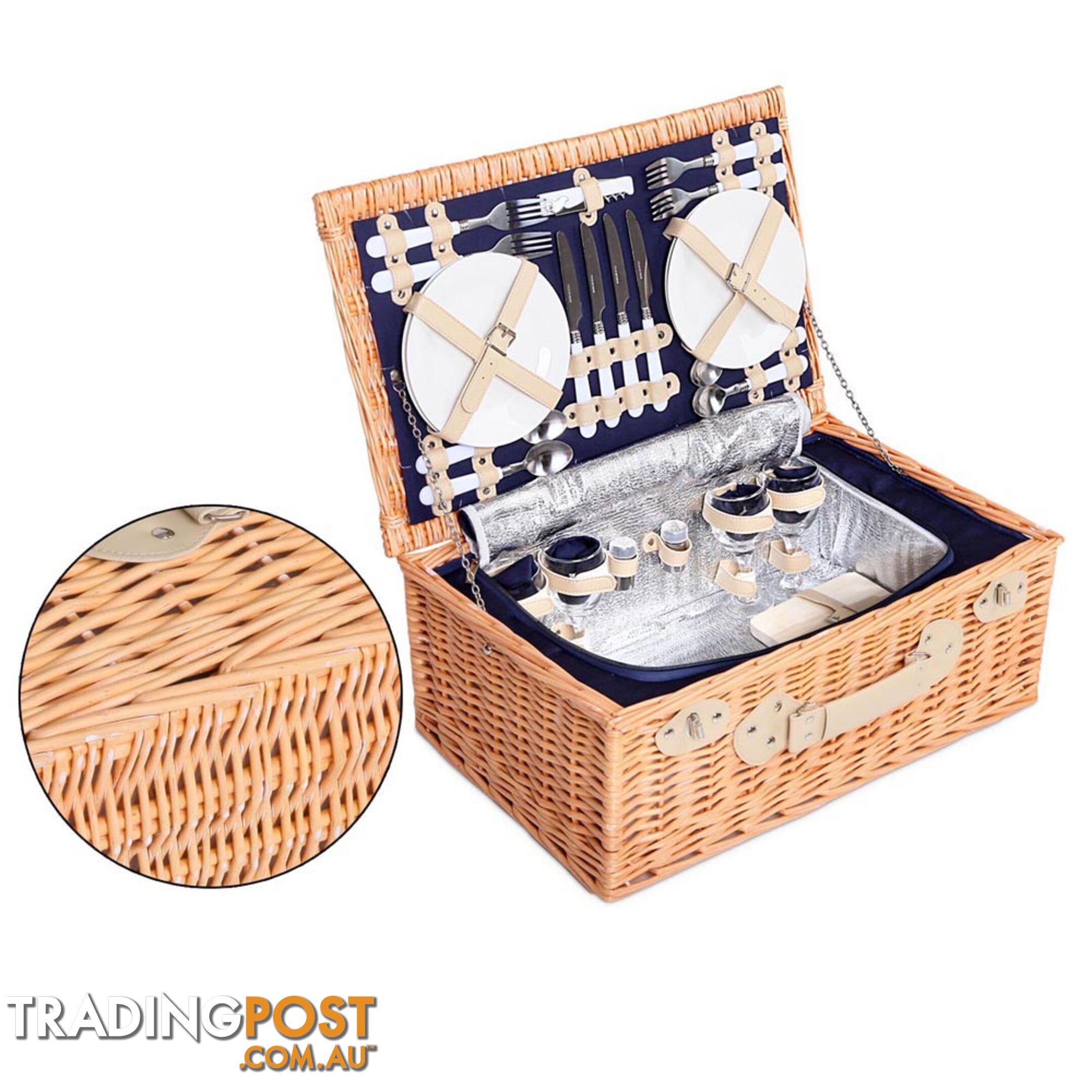 4 Person Picnic Basket Set with Cooler Bag Blanket - Navy