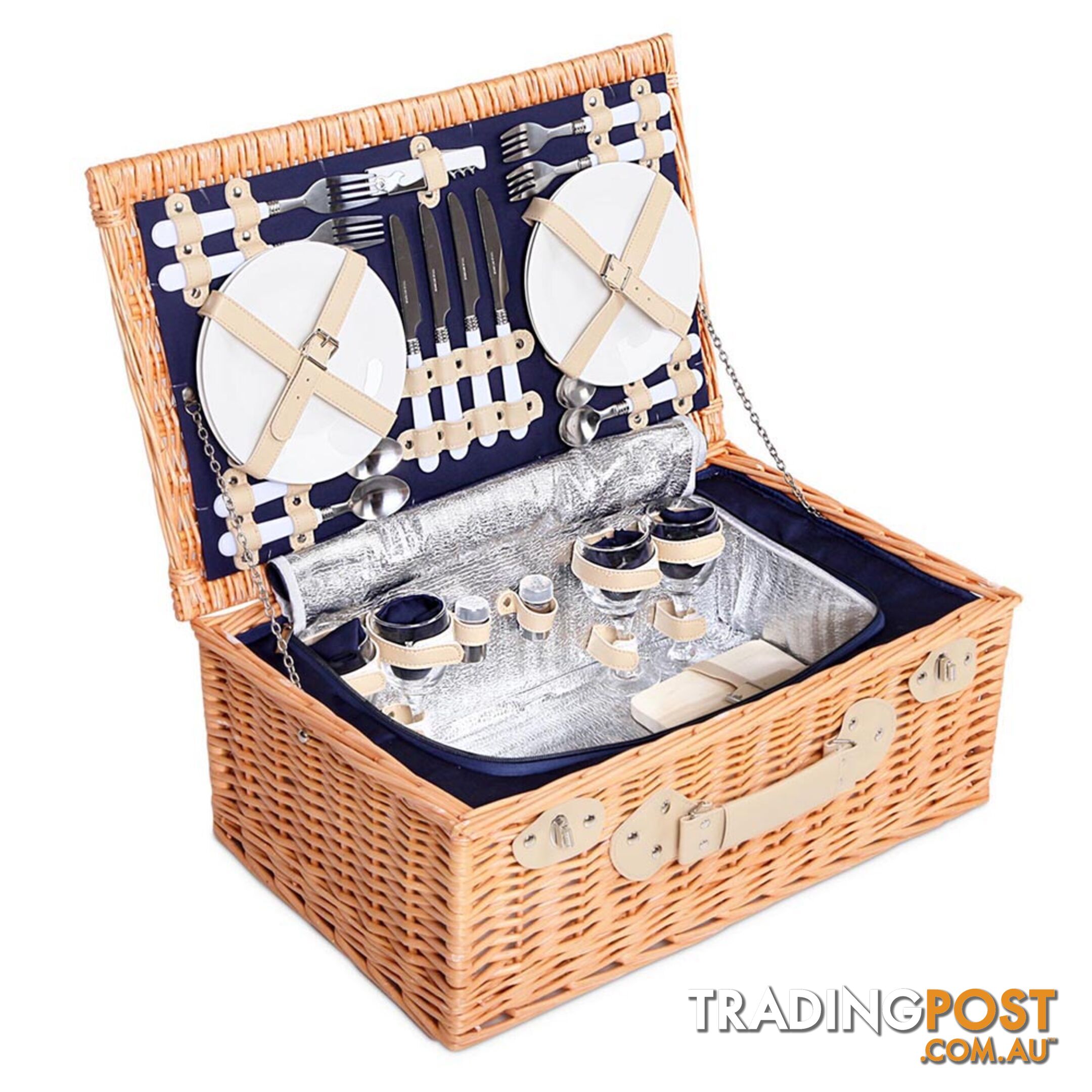 4 Person Picnic Basket Set with Cooler Bag Blanket - Navy