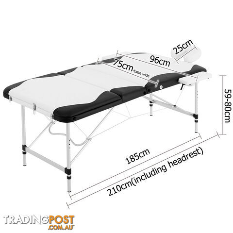 Portable Aluminium 3 Fold Massage Table Chair Bed Black White 75cm