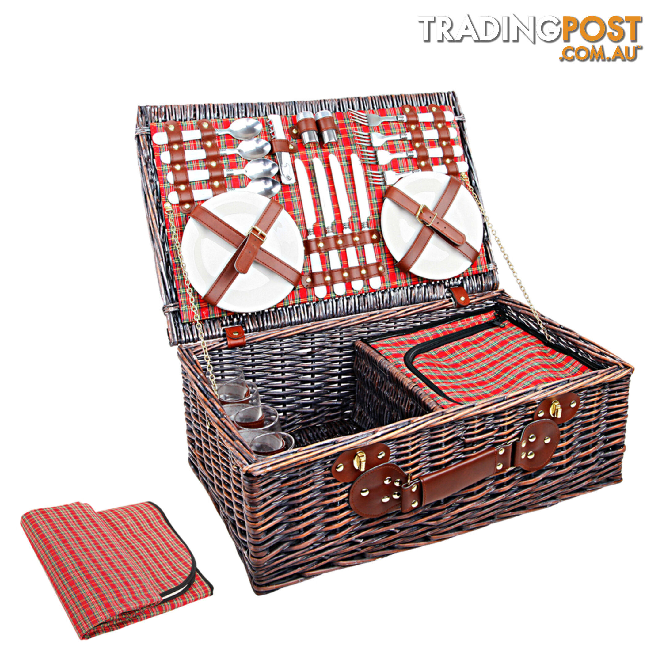 4 Person Picnic Basket Set w/ Cooler Bag Blanket