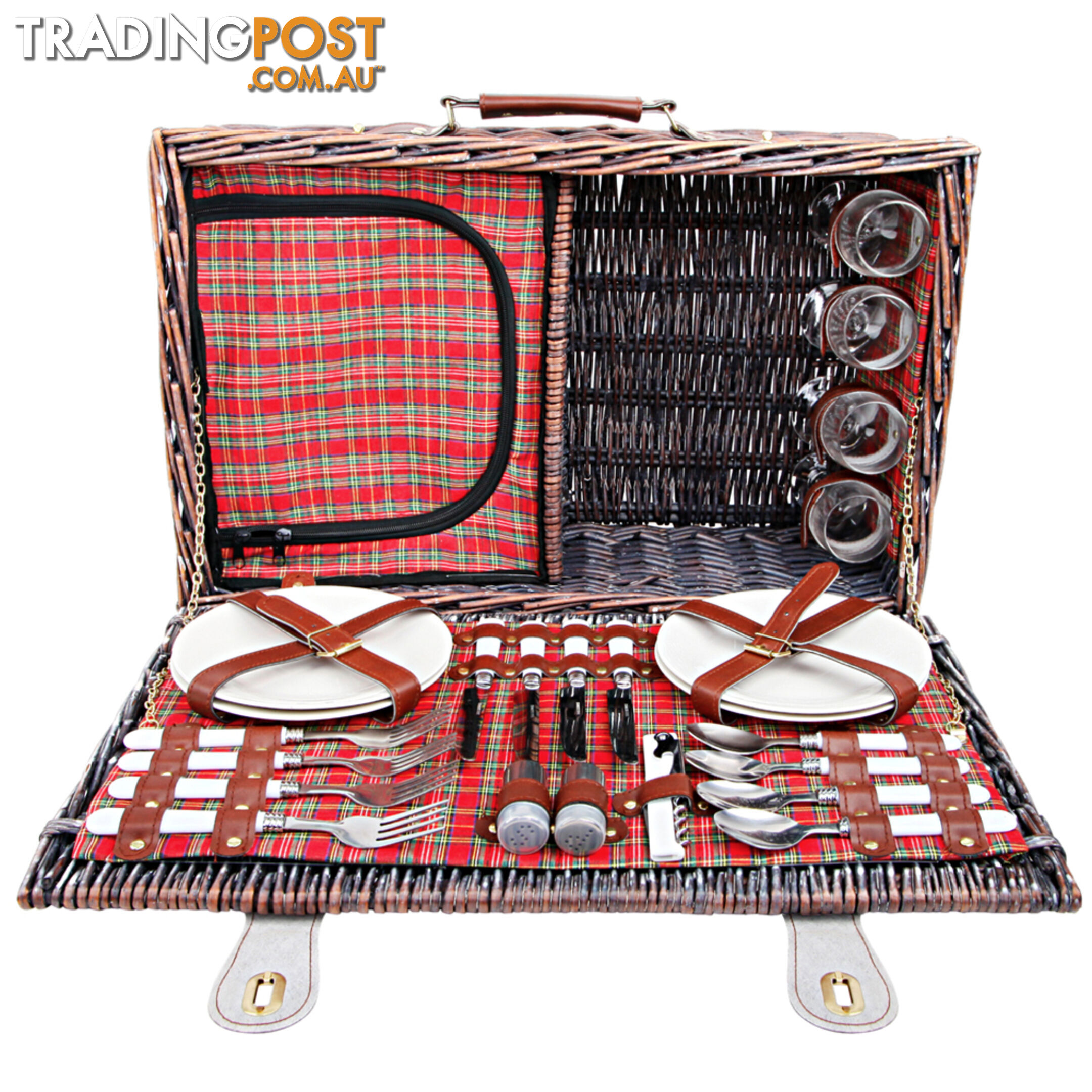 4 Person Picnic Basket Set w/ Cooler Bag Blanket