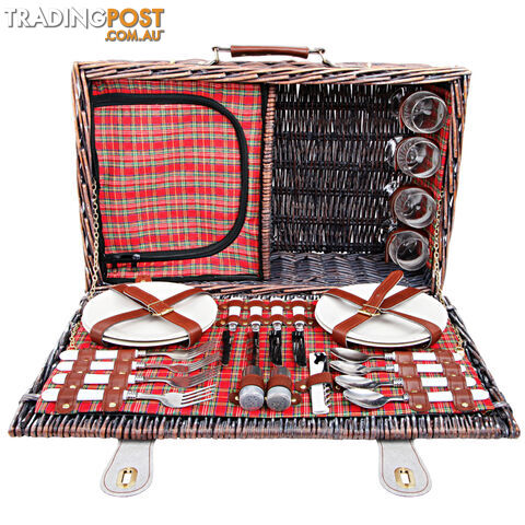 4 Person Picnic Basket Set w/ Cooler Bag Blanket