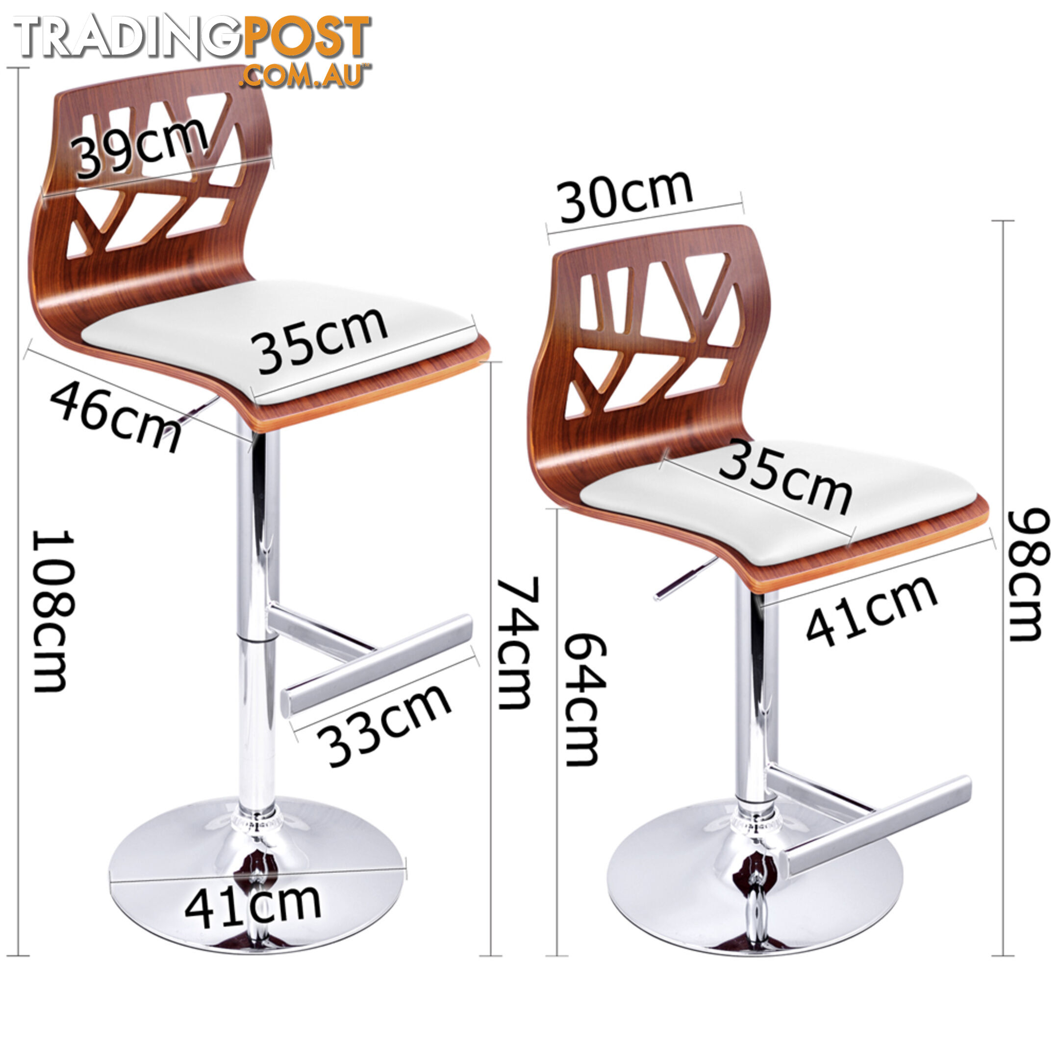 Set of 2 PU Leather Wooden Kitchen Bar Stool Padded Seat White