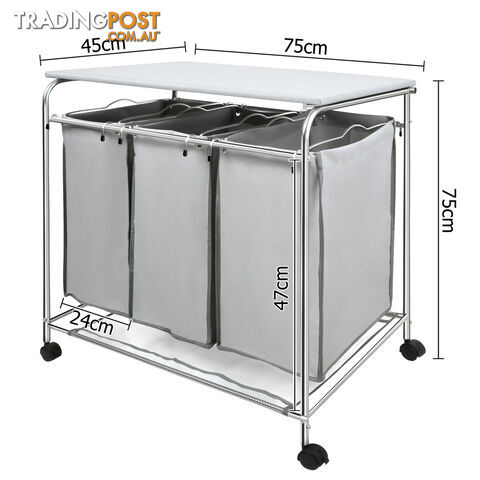 3 Compartment Laundry Cart Basket Trolley w/ Iron Board