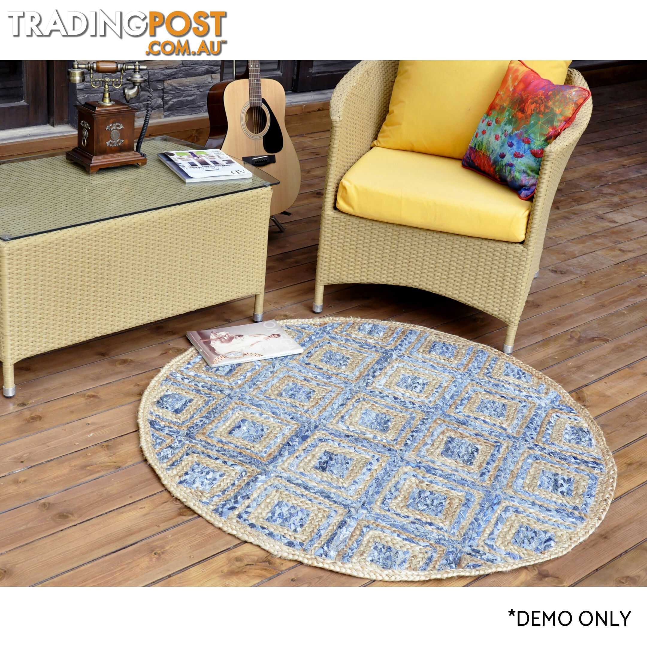 Diamond Denim Rug Natural & Denim Blue 120x120cm