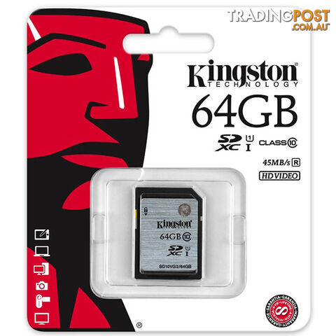 KINGSTON 64GB SDXC Class10 UHS-I 80MB/s Read Flash Card  Retail   (SD10VG2/64GBFR)