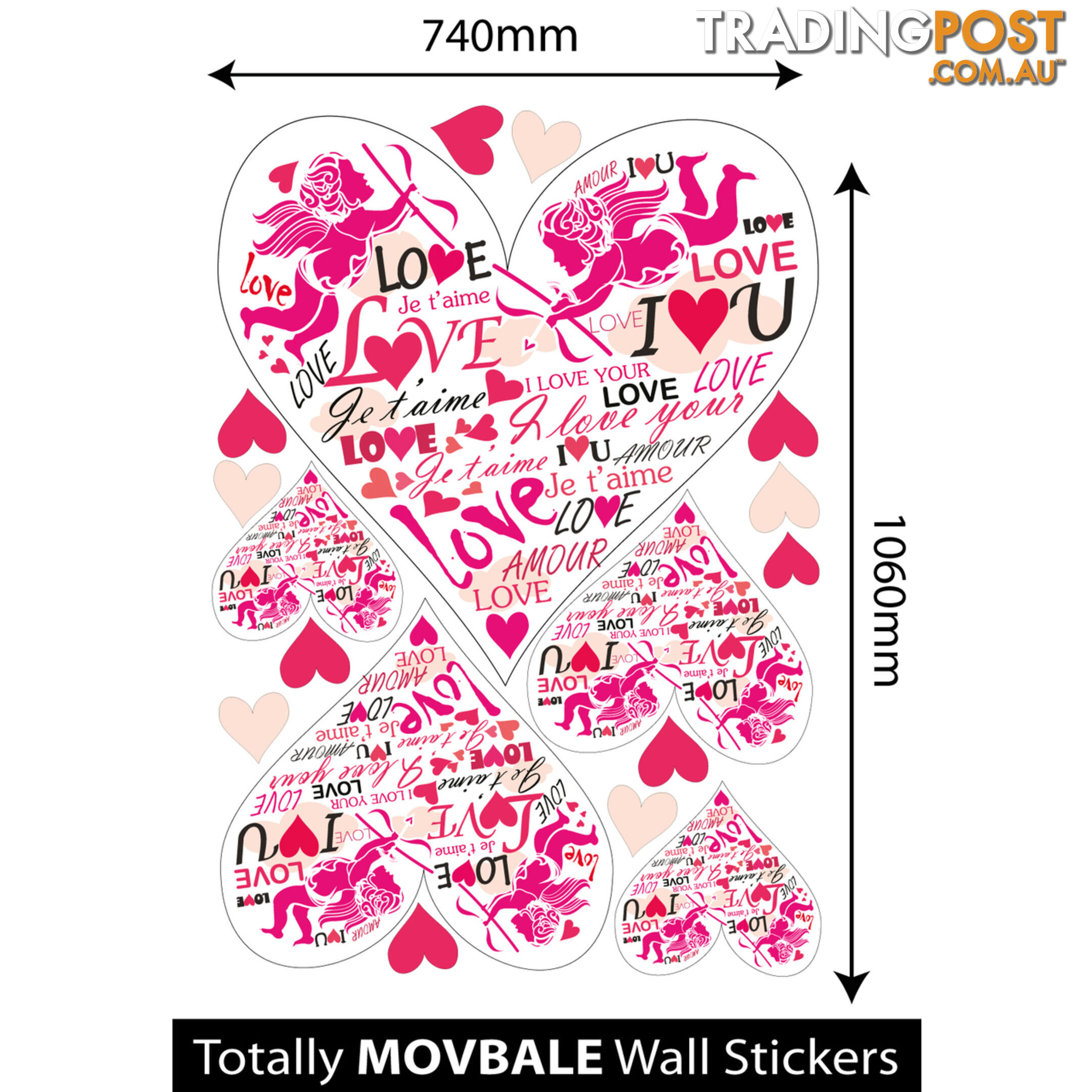 Extra Large Size Pink Cupid Love Hearts Wall Stickers - Totally Movable