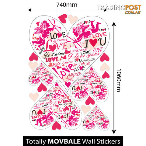 Extra Large Size Pink Cupid Love Hearts Wall Stickers - Totally Movable