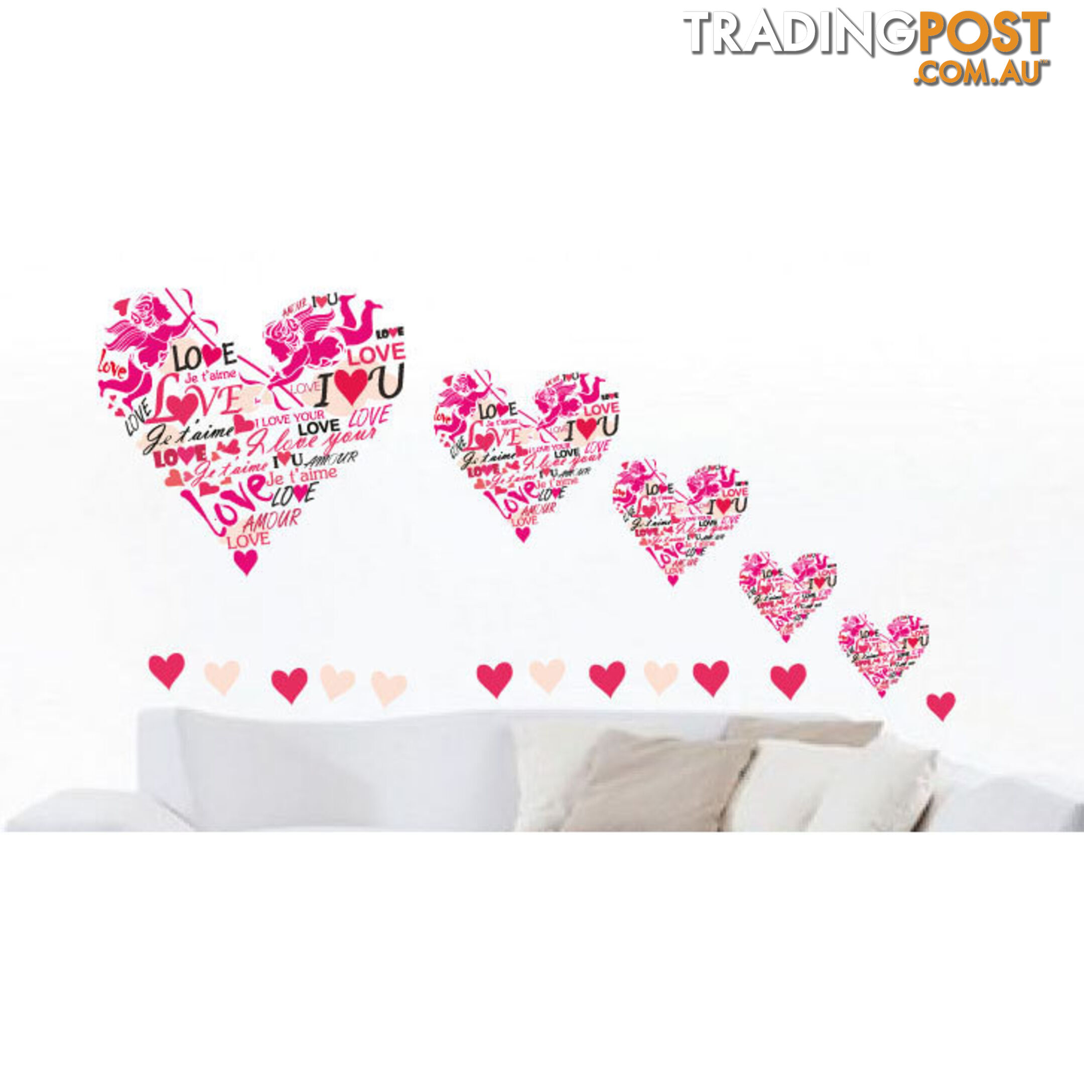 Extra Large Size Pink Cupid Love Hearts Wall Stickers - Totally Movable