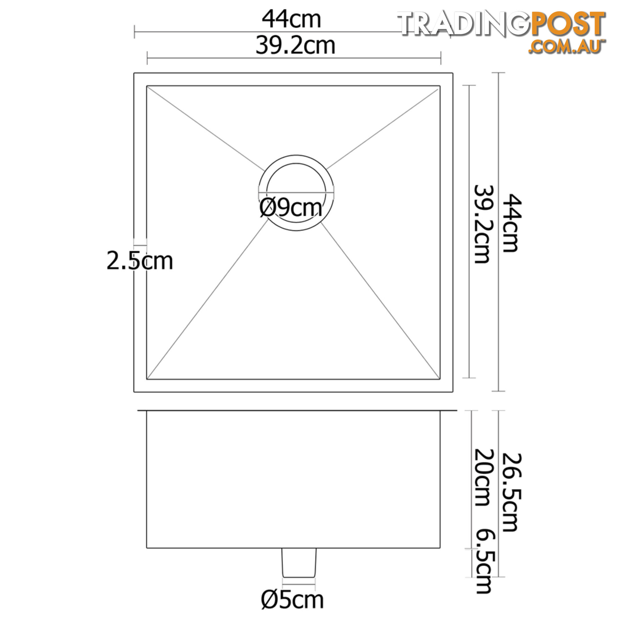 Stainless Steel Kitchen/Laundry Sink w/ Strainer Waste 440 x 440 mm