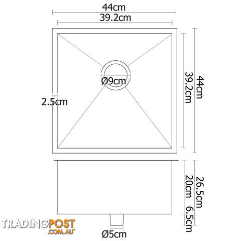 Stainless Steel Kitchen/Laundry Sink w/ Strainer Waste 440 x 440 mm