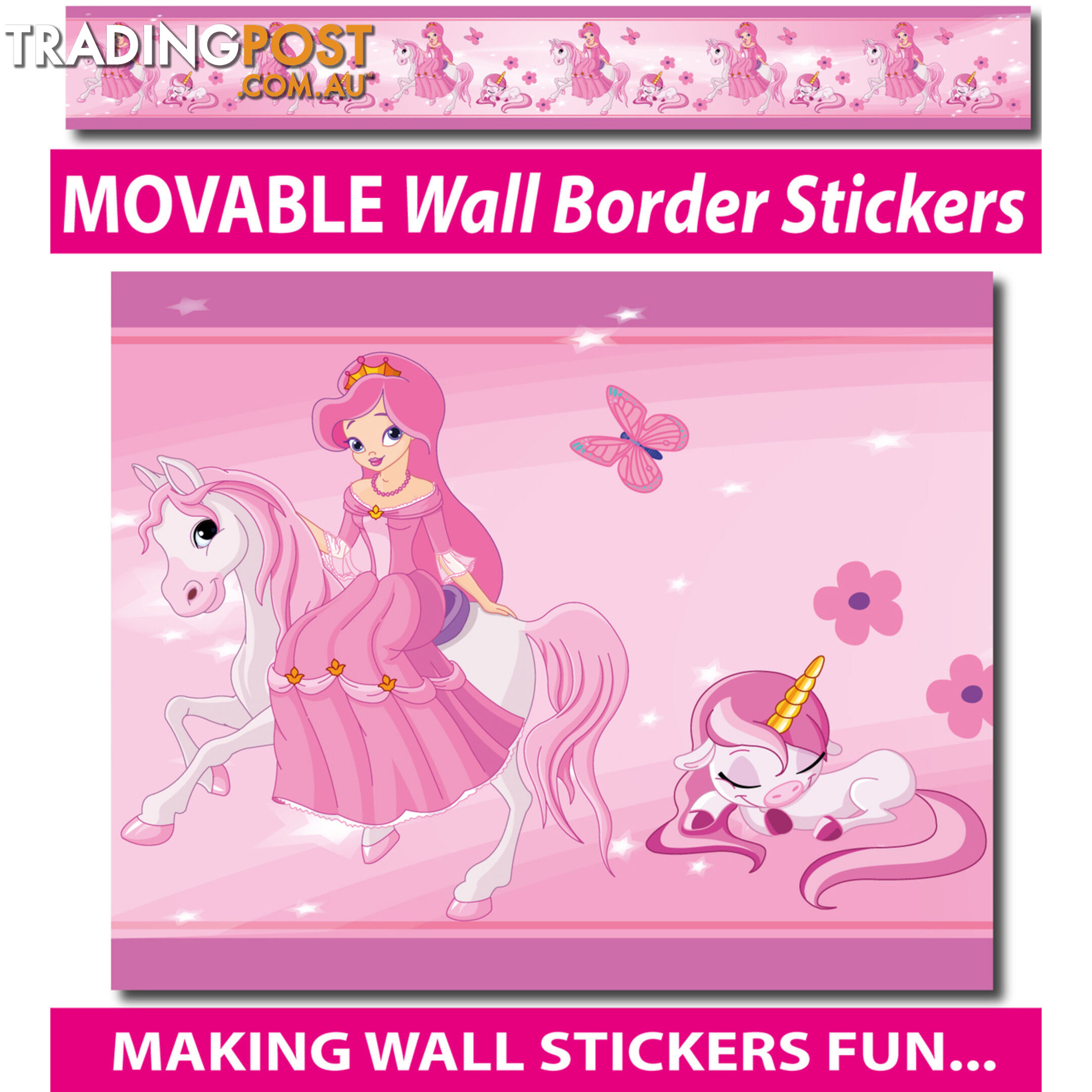 Princess and Unicorns Wall Border Stickers - Totally Movable