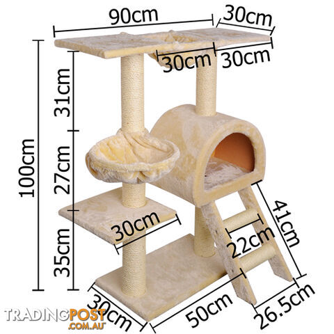 Multi Level Cat Scratching Poles Tree w/ Ladder Beige