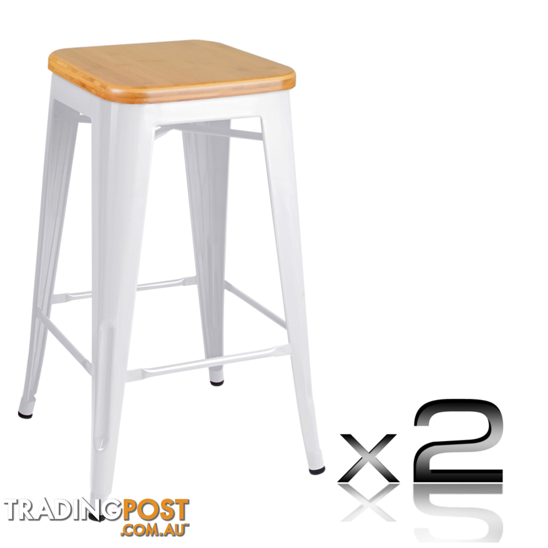 Set of 2 Replica Tolix Kitchen Bar Stool Bamboo Seat 66cm White