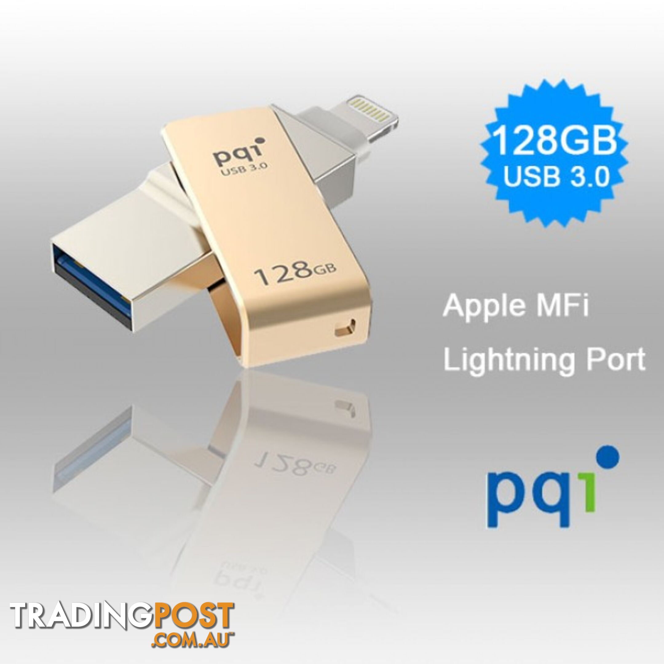 PQI iConnect Mini 6I04-128GR2001 Gold [Apple MFi] 128 GB Mobile Flash Drive w/ Lightning Connector for iPhones iPads Mac & PC USB 3.0 (6I04-128GR2001)