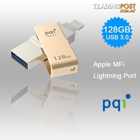 PQI iConnect Mini 6I04-128GR2001 Gold [Apple MFi] 128 GB Mobile Flash Drive w/ Lightning Connector for iPhones iPads Mac & PC USB 3.0 (6I04-128GR2001)