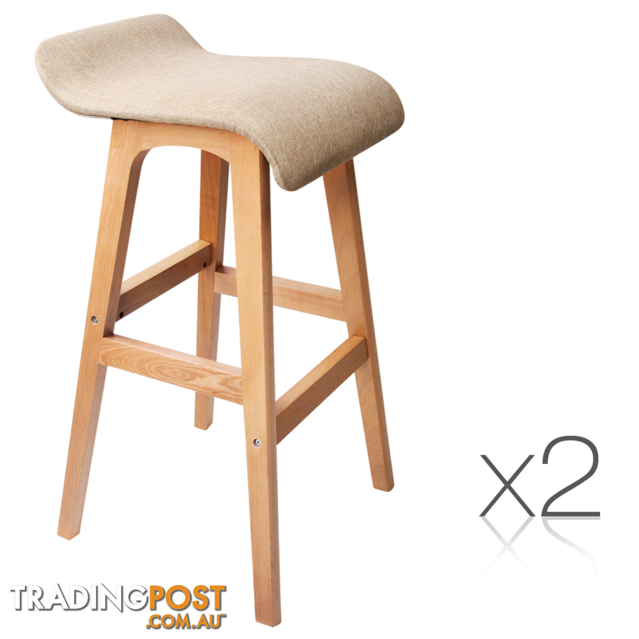 2 x Beech Wood Fabric Bar Stools - Taupe