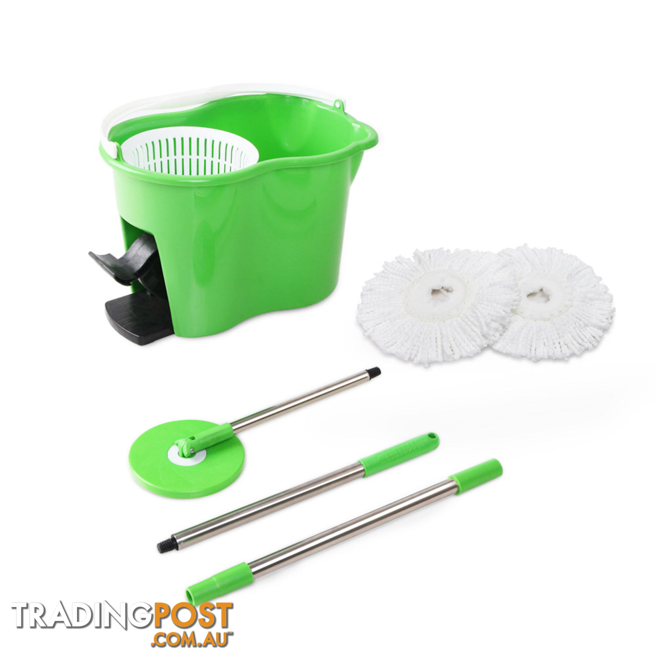 360 Degree Spinning Mop Microfibre Spin Dry Bucket with 2 Mop Heads - Green