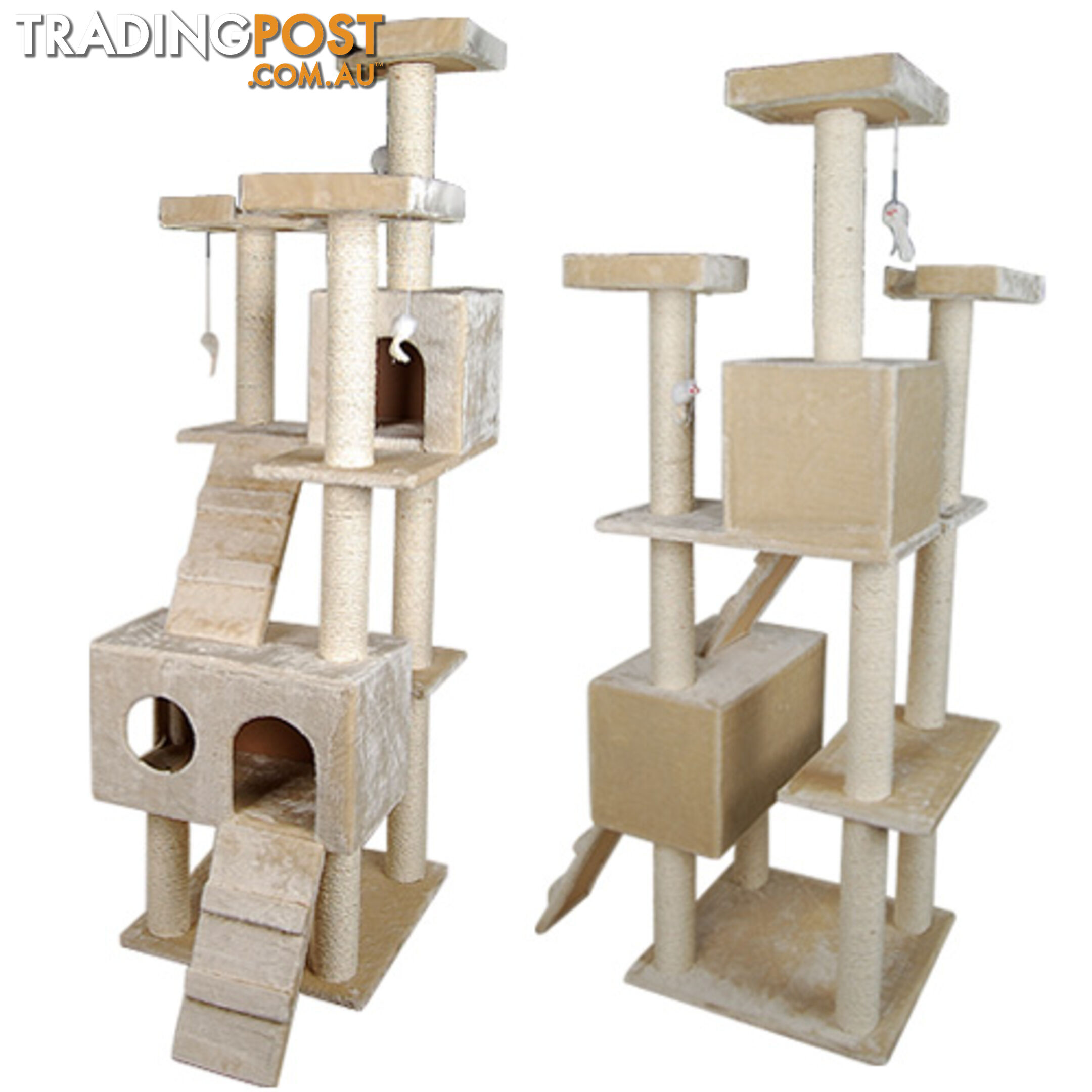 Multi Level Cat Scratching Poles Tree w/ Ladder Beige