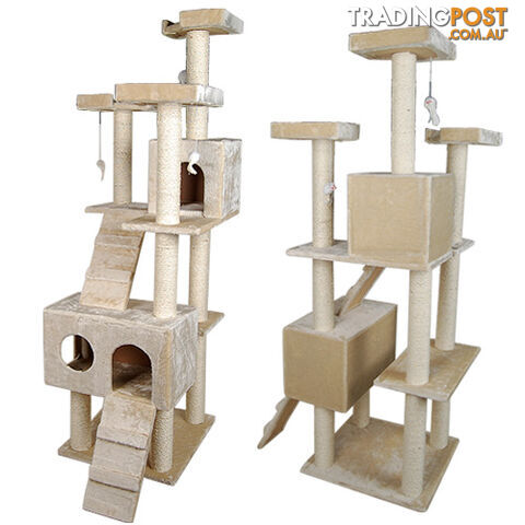 Multi Level Cat Scratching Poles Tree w/ Ladder Beige