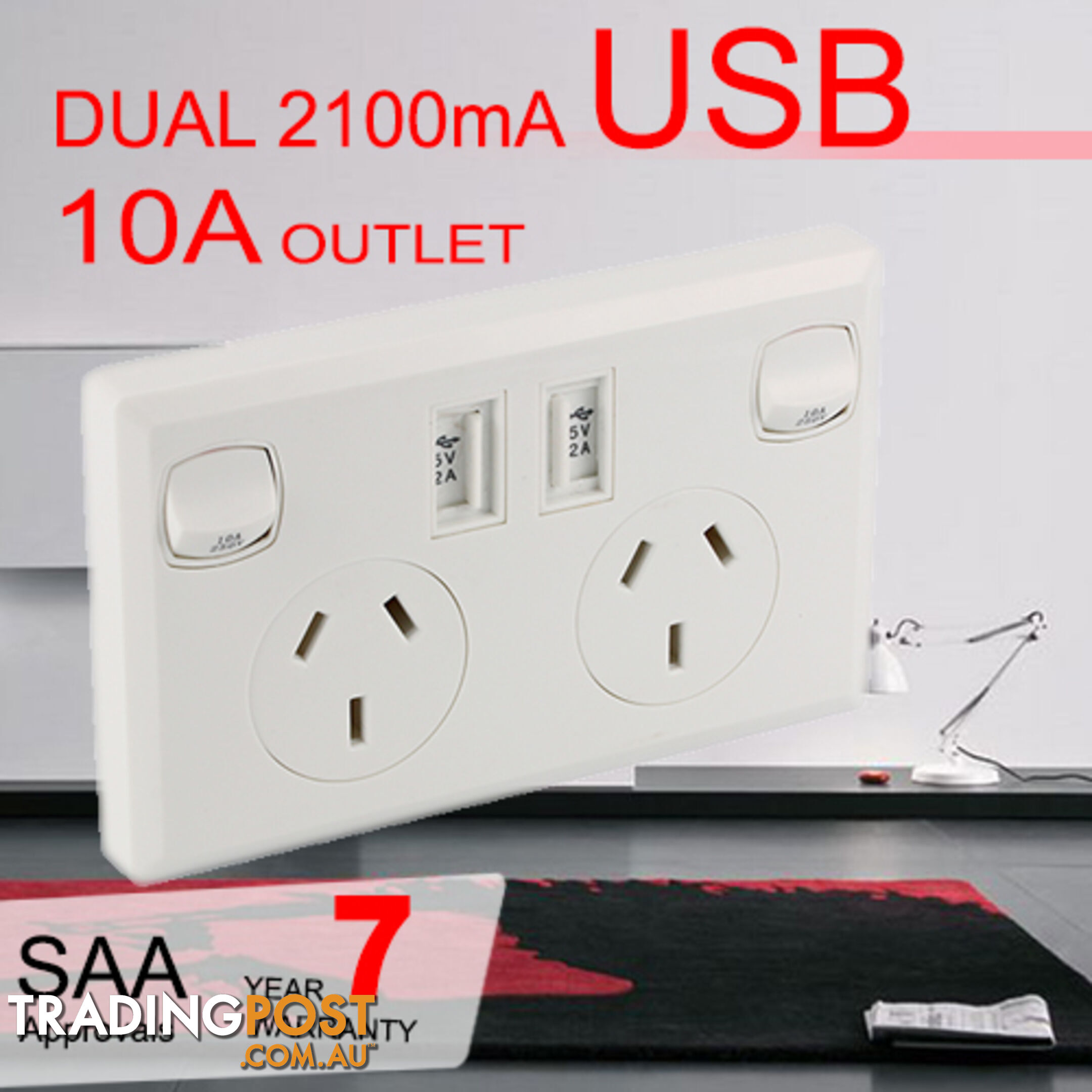 10A Double Australian USB Power Point Power Supply Wall Plug 2 Socket Switch