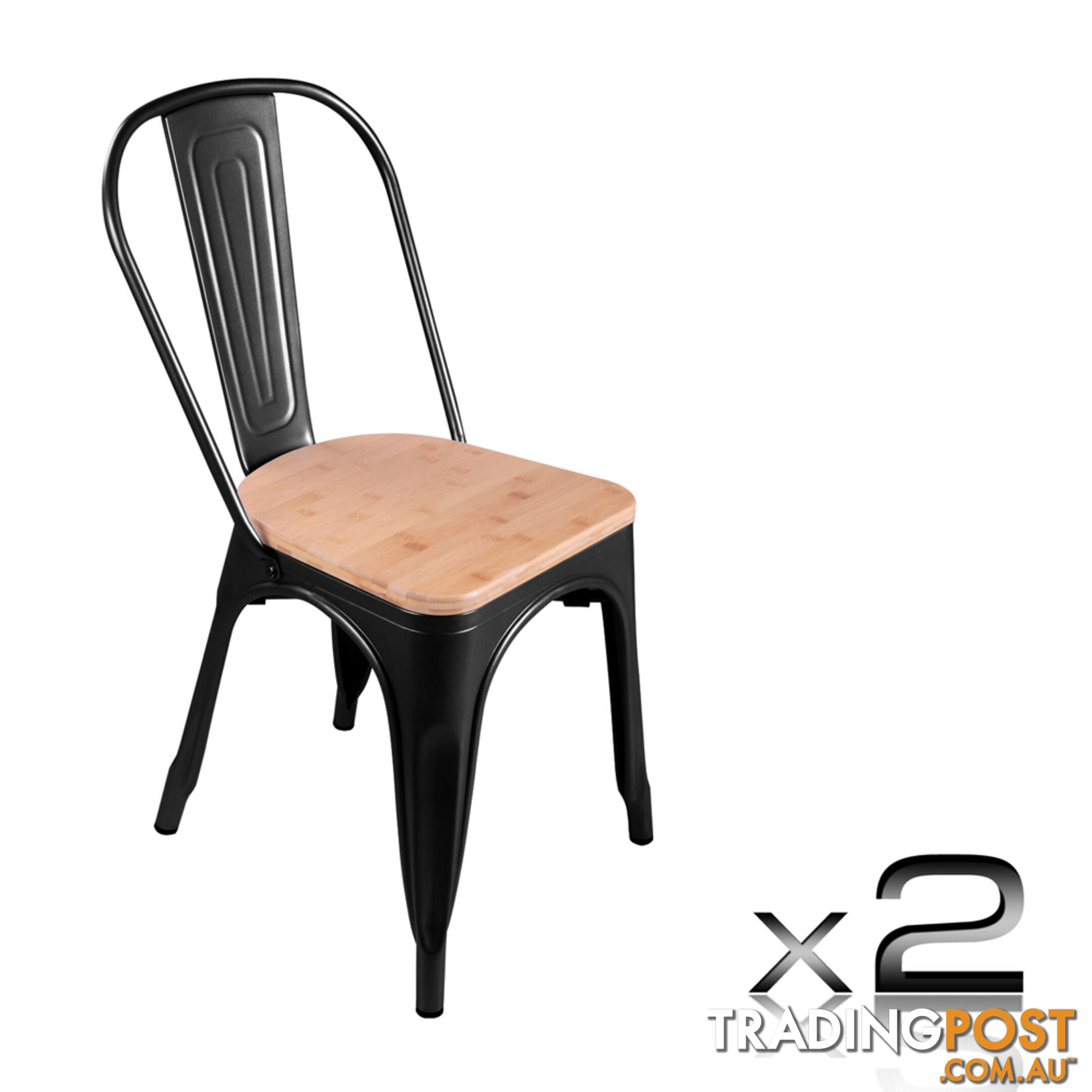 Set of 2 Replica Tolix Dining Metal Chair Bamboo Seat Gloss Black