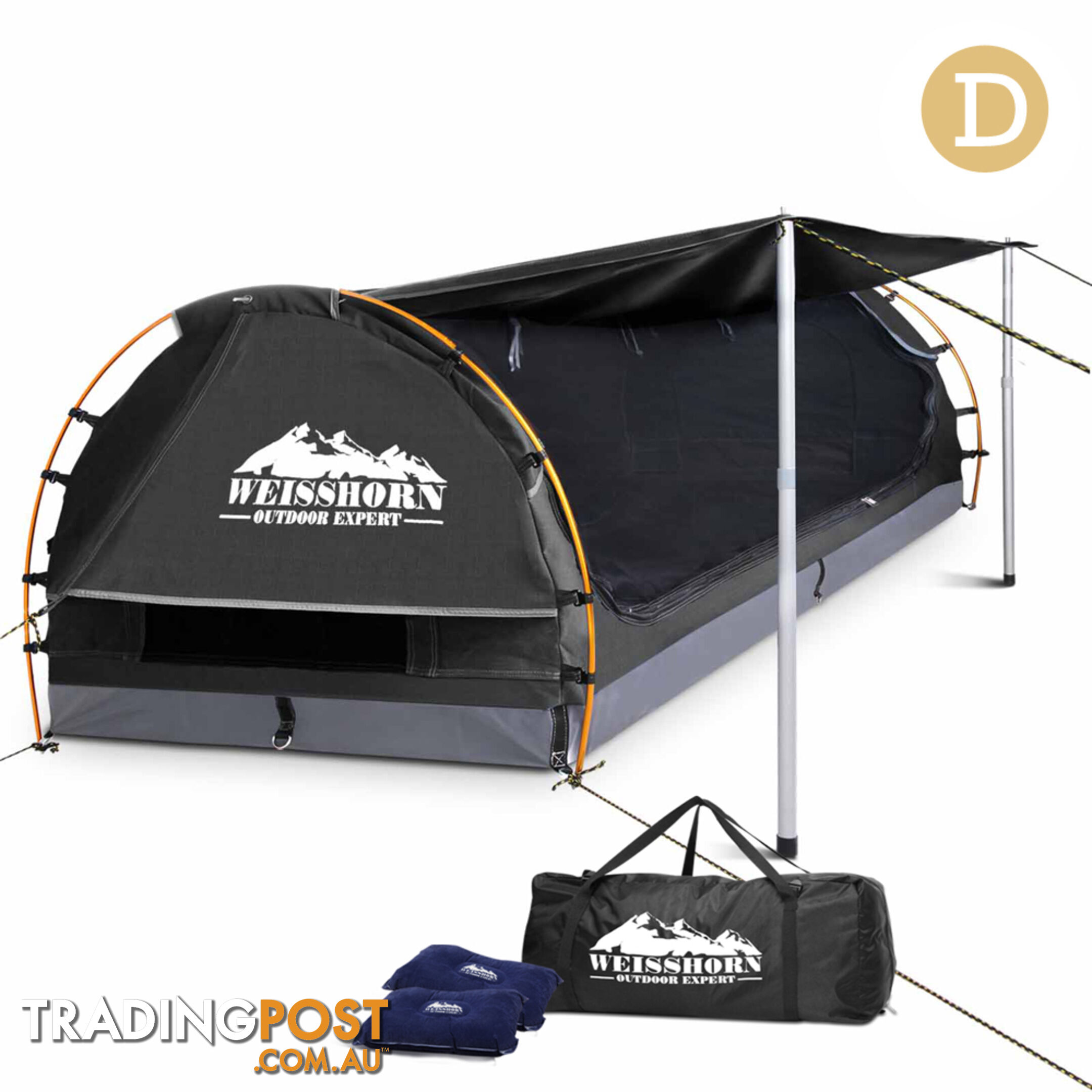 Double Camping Canvas Swag with Mattress and Air Pillow - Grey