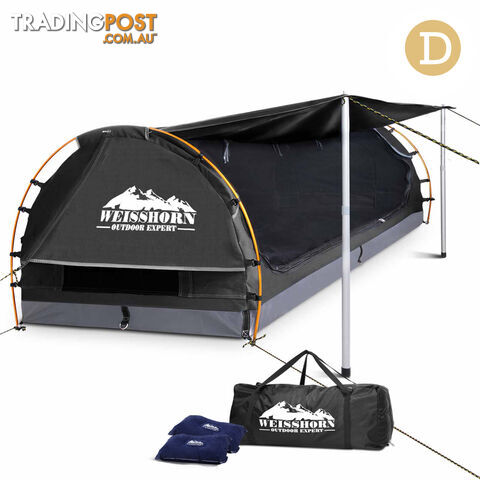 Double Camping Canvas Swag with Mattress and Air Pillow - Grey