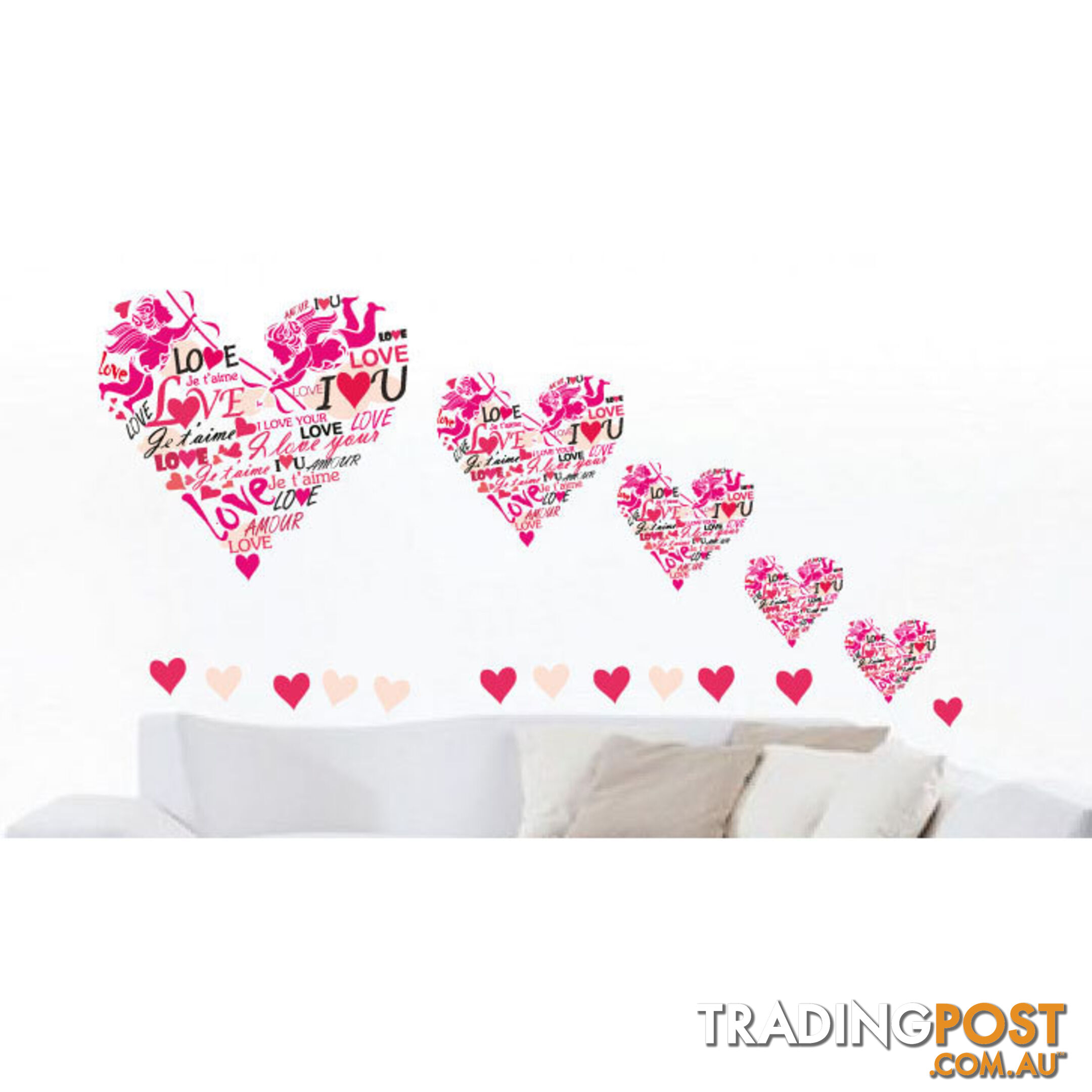 Large Size Pink Cupid Love Hearts Wall Stickers - Totally Movable