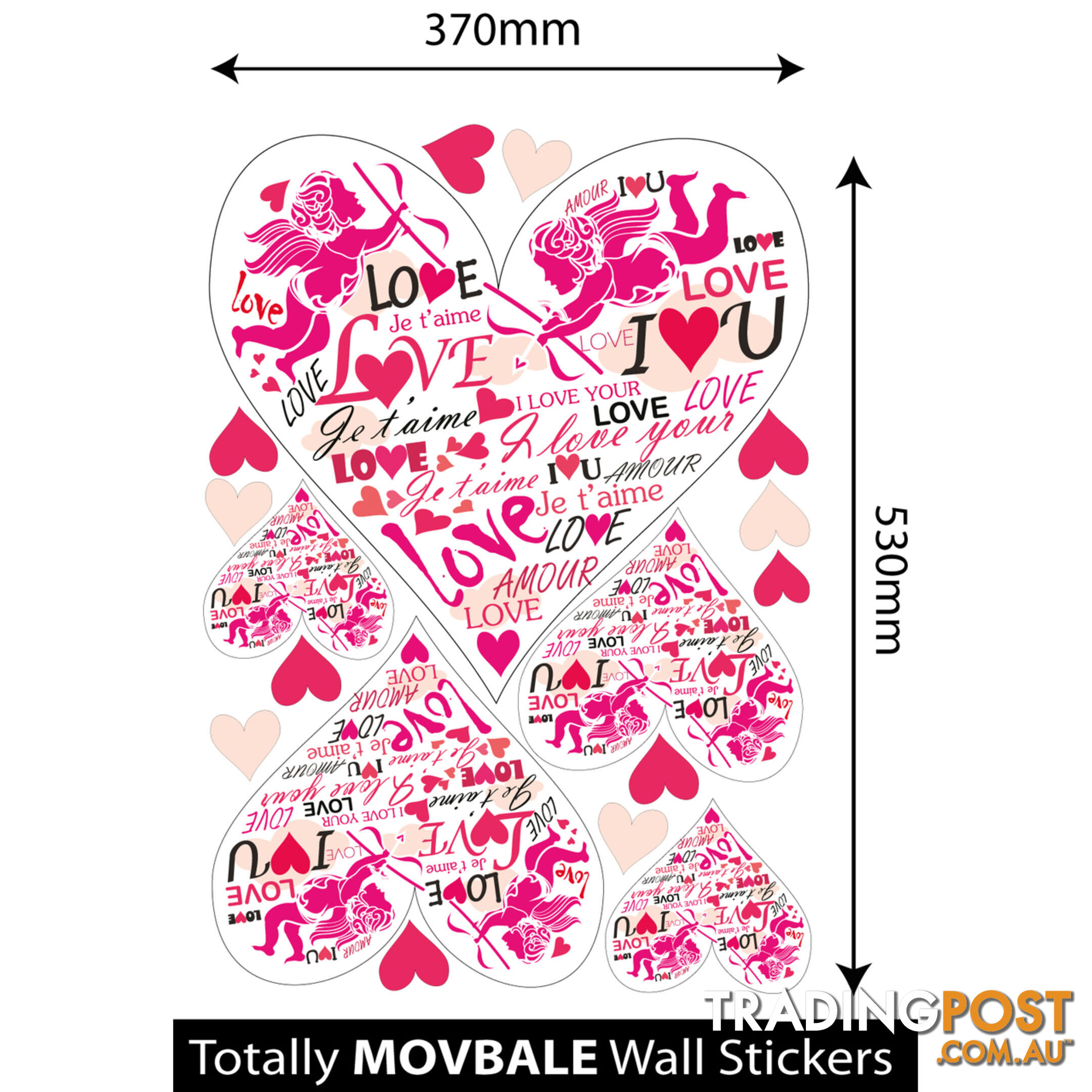 Large Size Pink Cupid Love Hearts Wall Stickers - Totally Movable