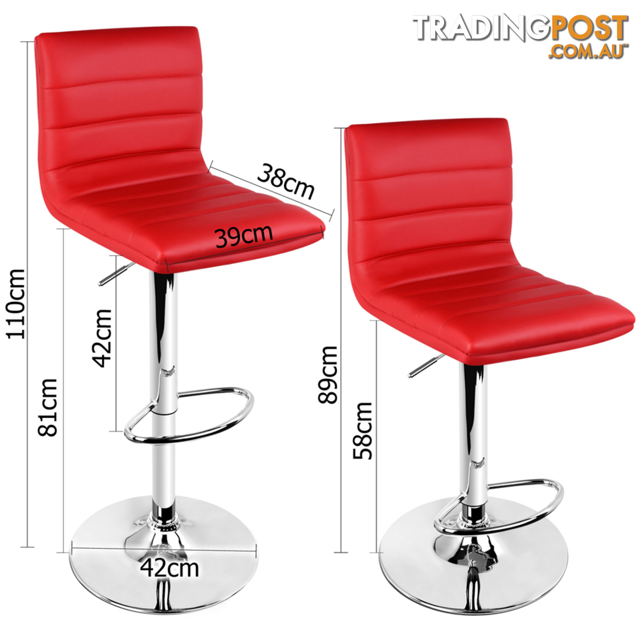 Set of 2 PU Leather Kitchen Bar Stool Red