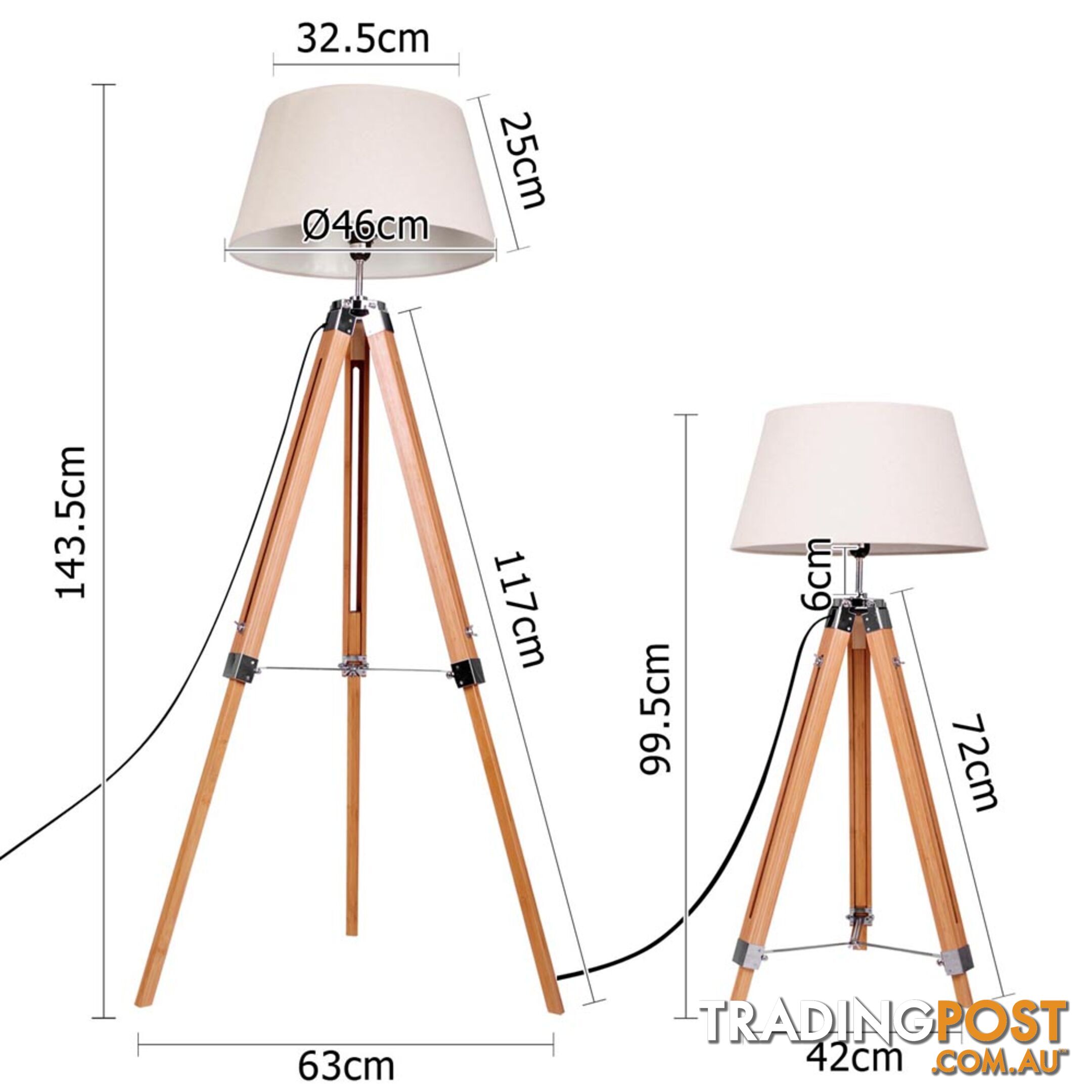 Floor Lamp Wooden Tripod Beige Linen Shade Bamboo Brown