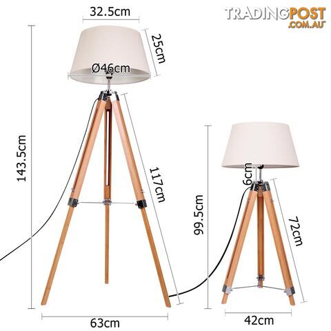 Floor Lamp Wooden Tripod Beige Linen Shade Bamboo Brown